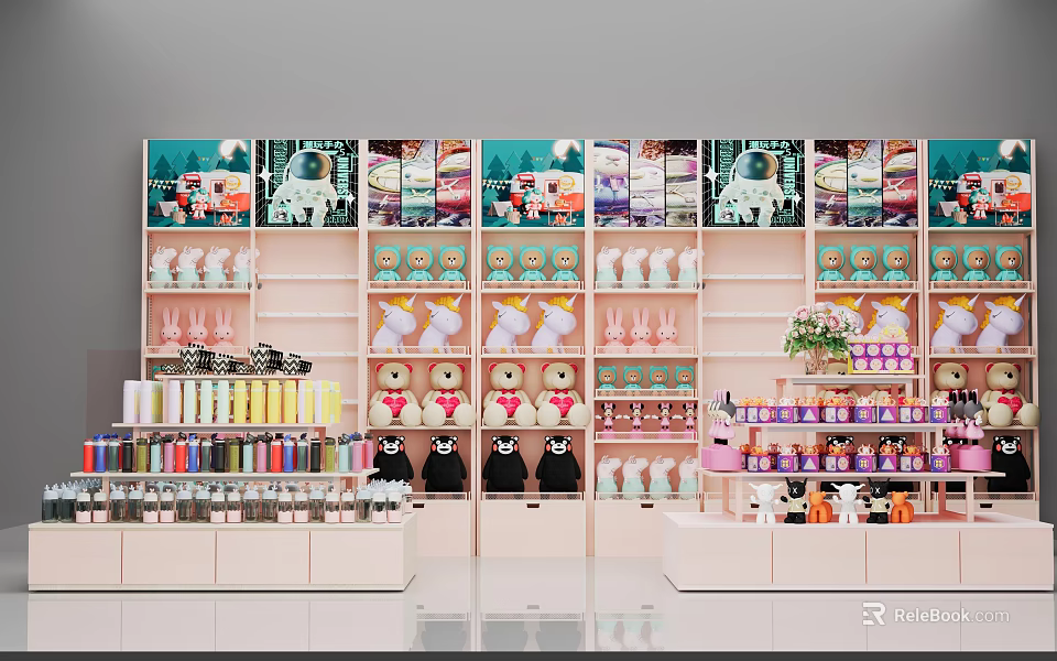 Colorful Retail Store Interior With Shelves Of Teddy Bears Cosmetics And Decorative Items 3d model 