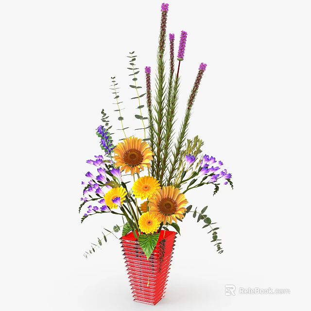 Red Woven Vase Arrangement With Sunflowers Purple Blooms And Green Foliage 3d model 