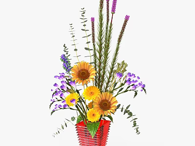 Red Woven Vase Arrangement With Sunflowers Purple Blooms And Green Foliage 3d model