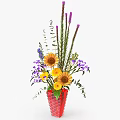 Red Woven Vase Arrangement With Sunflowers Purple Blooms And Green Foliage