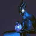 Glowing Blue Alien Character Holding Radiant Orb In Dark Cosmic Space Background