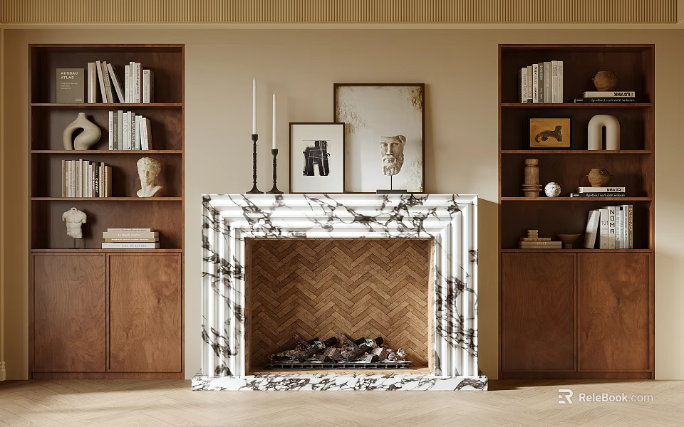 Marble Surround Fireplace With Walnut Bookshelves Framed Art Candles Firewood And Sculptures 3d model 