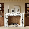 Marble Surround Fireplace With Walnut Bookshelves Framed Art Candles Firewood And Sculptures