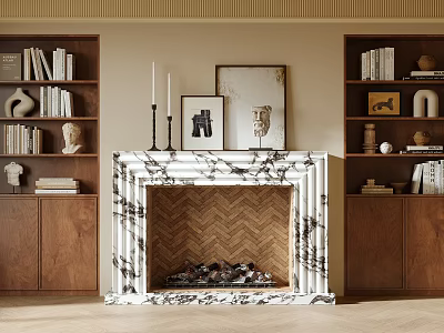 Marble Surround Fireplace With Walnut Bookshelves Framed Art Candles Firewood And Sculptures 3d model