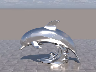 Silver Metallic Dolphin Shaped Landscape Sculpture With Leaping Pose And Wave Base On Tiled Ground 3d model