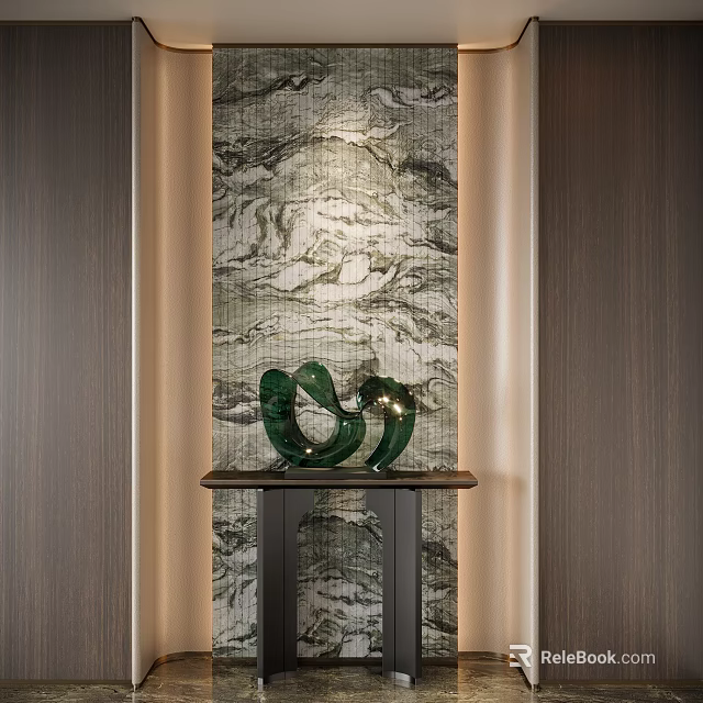 Modern Entryway Interior Design With Marble Textured Wall And Green Decorative Sculpture 3d model 