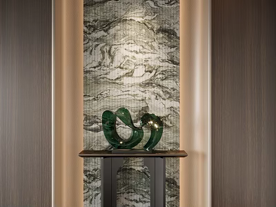 Modern Entryway Interior Design With Marble Textured Wall And Green Decorative Sculpture 3d model