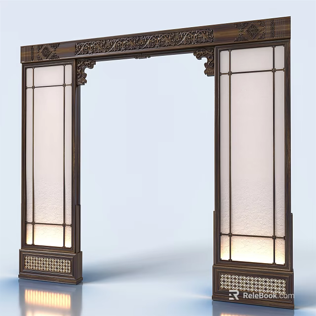 Chinese Style Carved Archway with Intricate Patterns Glass Panels and Bottom Lighting 3d model 
