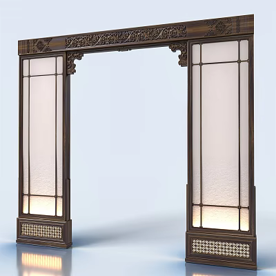 Chinese Style Carved Archway with Intricate Patterns Glass Panels and Bottom Lighting 3d model