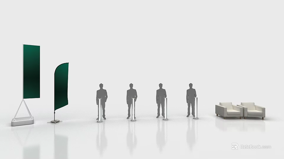 Modern Display Shelves With Human Figures Green Flags And Sofa In Exhibition Area 3d model 