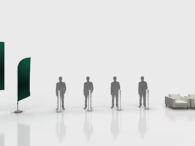 Modern Display Shelves With Human Figures Green Flags And Sofa In Exhibition Area 3d model