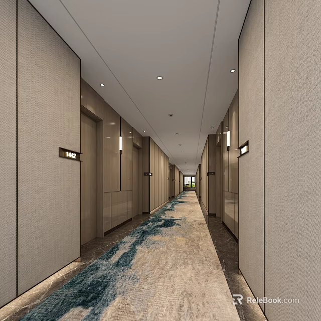 Modern Hotel Corridor Interior With Textured Walls Recessed Lighting Room Doors And Patterned Carpet 3d model 