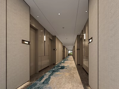 Modern Hotel Corridor Interior With Textured Walls Recessed Lighting Room Doors And Patterned Carpet 3d model