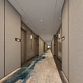 Modern Hotel Corridor Interior With Textured Walls Recessed Lighting Room Doors And Patterned Carpet