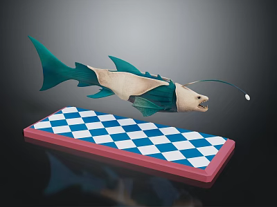 Green And Beige Fish Creature With Long Tentacle On Blue And White Checkered Pink Base 3d model