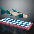 Green And Beige Fish Creature With Long Tentacle On Blue And White Checkered Pink Base