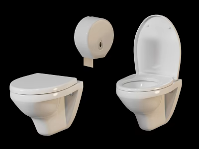 Modern White Wall Mounted Toilets With Open And Closed Lids And Toilet Paper Holder 3d model