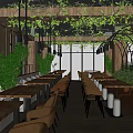 Elegant Restaurant Interior With Hanging Green Plants Wooden Tables Leather Seats And Natural Light