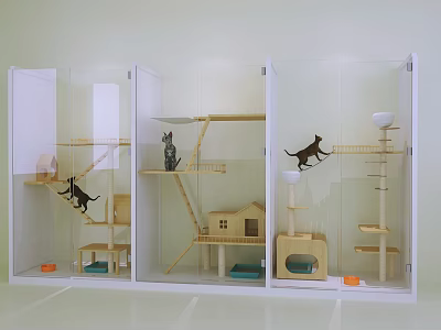 Wooden Cat Themed Decorative Ornament Set With Transparent Glass Display Cabinets Climbing Shelves And Houses 3d model