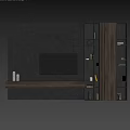Modern TV Background Wall With Dark Geometric Panels Wooden Shelves And Decorative Items