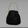 Black Furry Handbag With Gold Braided Handle And Decorative Black Bow