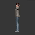 Woman With Red Hair Brown Coat Blue Plaid Pants Arms Outstretched On Gray Gradient Background
