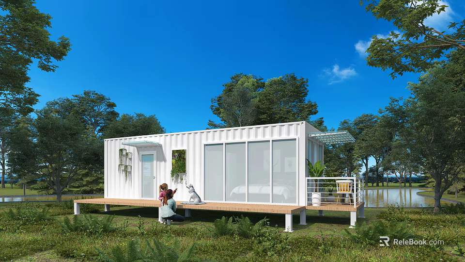 White Container House with Wooden Deck Green Plants Natural Surroundings by Water Under Blue Sky 3d model 