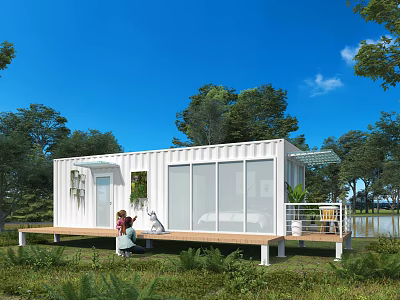 White Container House with Wooden Deck Green Plants Natural Surroundings by Water Under Blue Sky 3d model