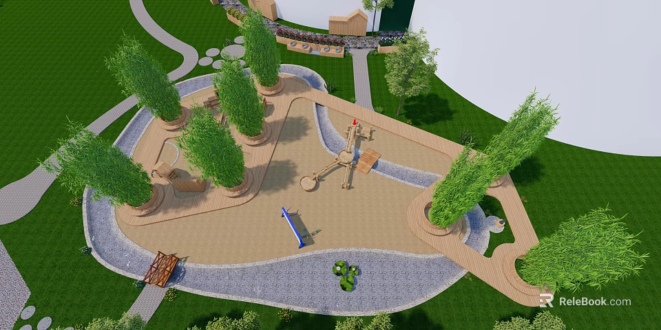 Outdoor Children's Playground With Slide Swing Trees Green Grass And Pathways 3d model 
