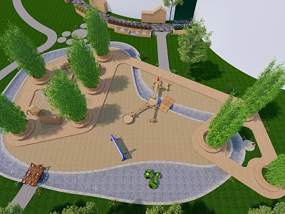 Outdoor Children's Playground With Slide Swing Trees Green Grass And Pathways 3d model