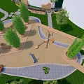 Outdoor Children's Playground With Slide Swing Trees Green Grass And Pathways