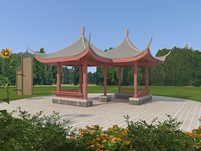 Chinese Double Roofed Style Pavilion With Red Pillars Surrounded By Grass Trees Sunflowers And Bushes 3d model