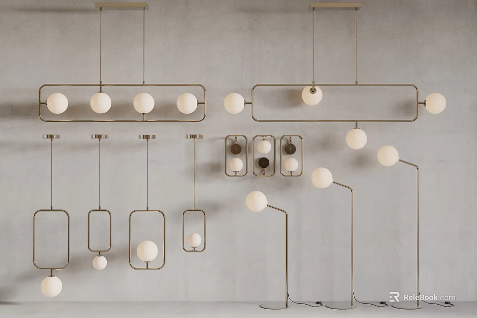 Modern Minimalist Lighting Combinations Featuring Pendant Lights Floor Lamps And White Globe Shades 3d model 