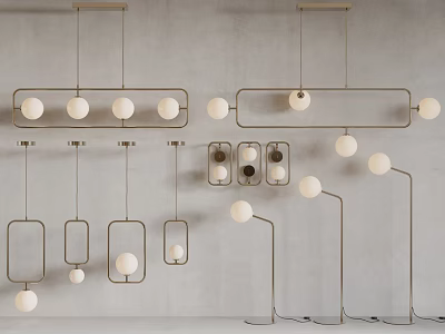 Modern Minimalist Lighting Combinations Featuring Pendant Lights Floor Lamps And White Globe Shades 3d model