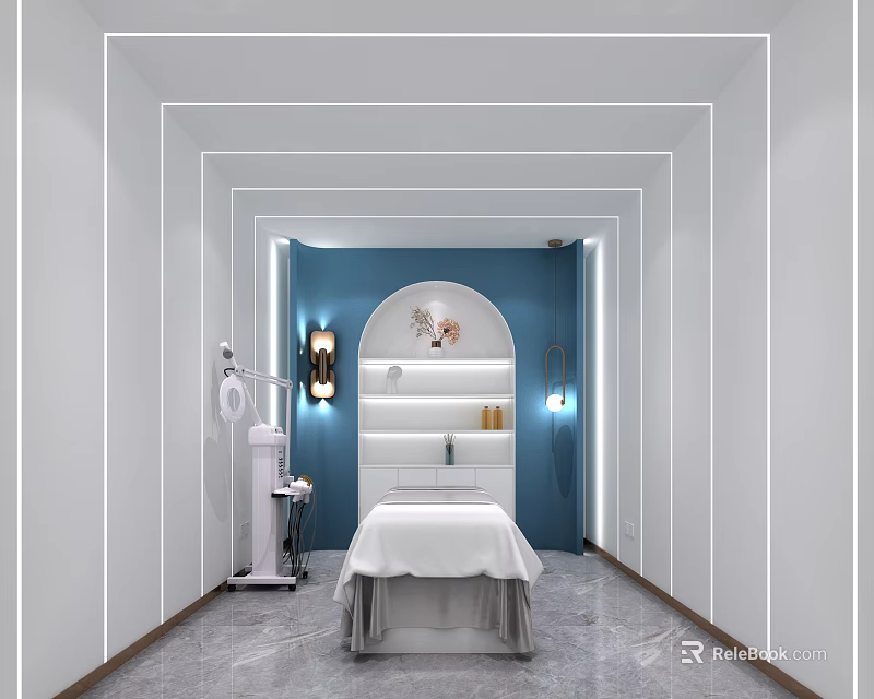Tranquil SPA Sauna Interior Featuring Blue Walls Arched Shelves White Massage Bed And Wall Lamps 3d model 