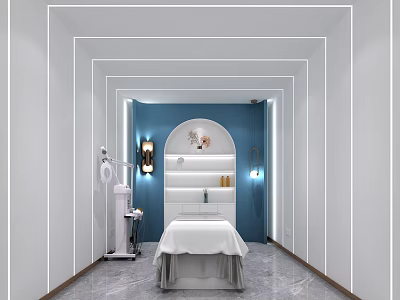 Tranquil SPA Sauna Interior Featuring Blue Walls Arched Shelves White Massage Bed And Wall Lamps 3d model