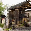 Traditional Japanese Wooden Entrance Gate With Tiled Roof Bamboo Plants And Stone Lantern