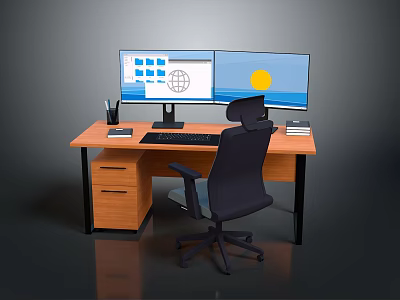 Modern Office Workstation With Wooden Desk Dual Monitors And Ergonomic Chair 3d model