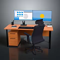Modern Office Workstation With Wooden Desk Dual Monitors And Ergonomic Chair