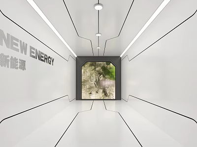 New Energy Exhibition Area With Modern White Interior Geometric Lines And Green Landscape Window 3d model