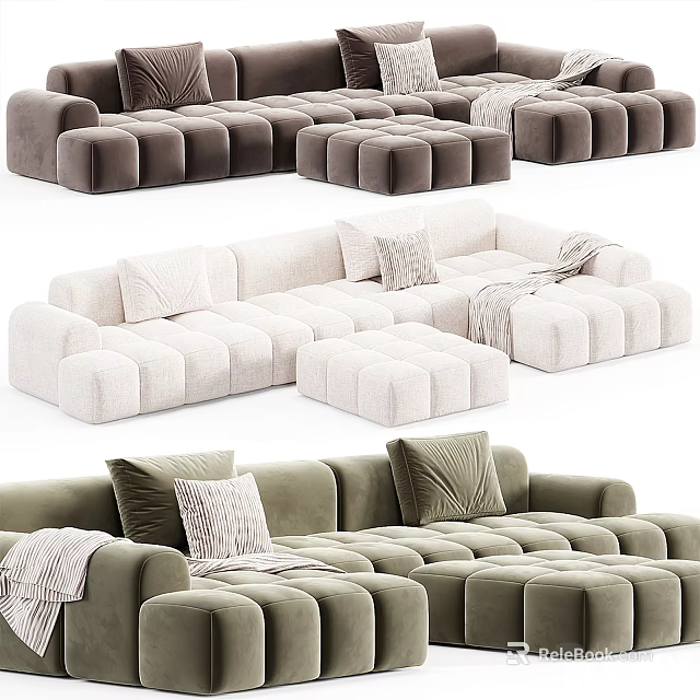 Modern Sectional Sofa with Plush Cushions Cozy Throw Blankets and Neutral Tones Modular Design 3d model 