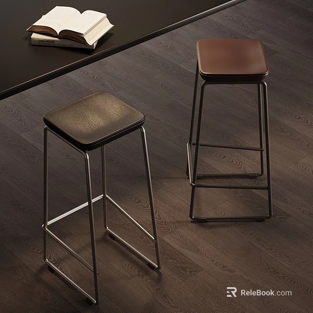 Modern Bar Stools With Dark Leather Seats And Metal Frame Design 3d model