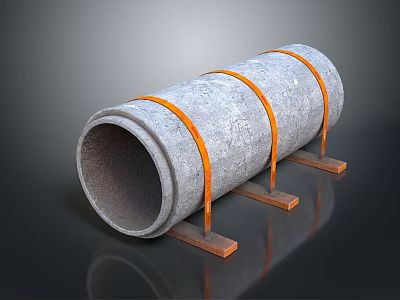 Concrete Tubular Lighting Fixture Set With Orange Bands And Metal Support Stands 3d model