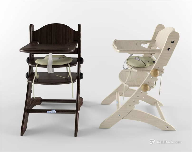 Stylish Wooden Children's High Chair With Two Tone Dark Brown And Beige Design 3d model 
