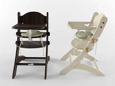 Stylish Wooden Children's High Chair With Two Tone Dark Brown And Beige Design 3d model