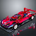 Red Race Car With Streamlined Body Design Black And Blue Stripes And Rear Wing