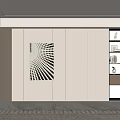 Modern Sofa Background Wall Interior With Geometric Artwork And Glass Display Cabinet