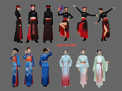 Group Of People In Chinese Traditional Clothing With Various Cultural Designs 3d model