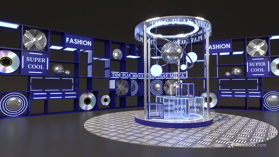 Fashion Exhibition Stand With Transparent Circular Platform And Blue Lighting Design 3d model 