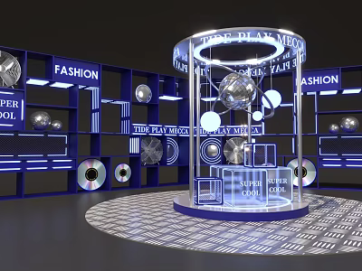 Fashion Exhibition Stand With Transparent Circular Platform And Blue Lighting Design 3d model
